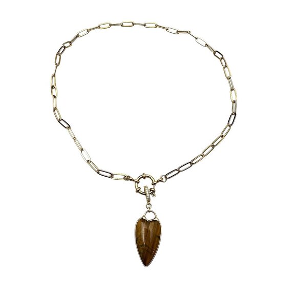 Tigers Eye Gemstone Heart Pendant 18K Yellow Gold Plated Layering Necklace - Picture 1 of 8